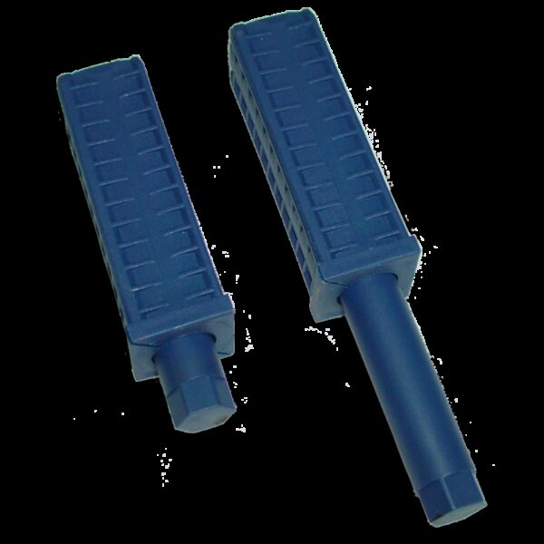 Taco de plástico azul c/regulador altura especial 40x40 mm. Altura mínima: 28 mm. Altura máxima: 107 mm.