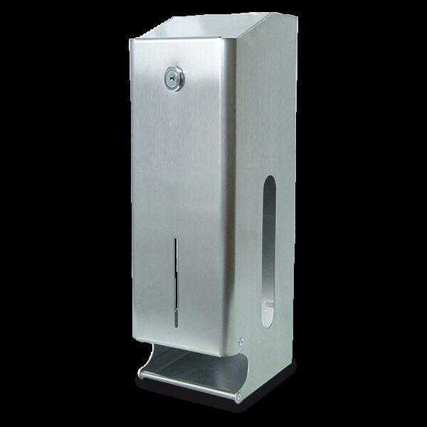 Dispensador de papel higiénico triple en acero inoxidable 118x118x350 mm.